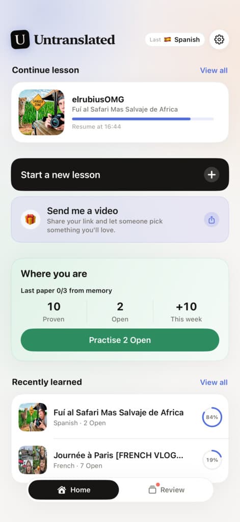 Untranslated home with a learning path, daily review, and recent videos